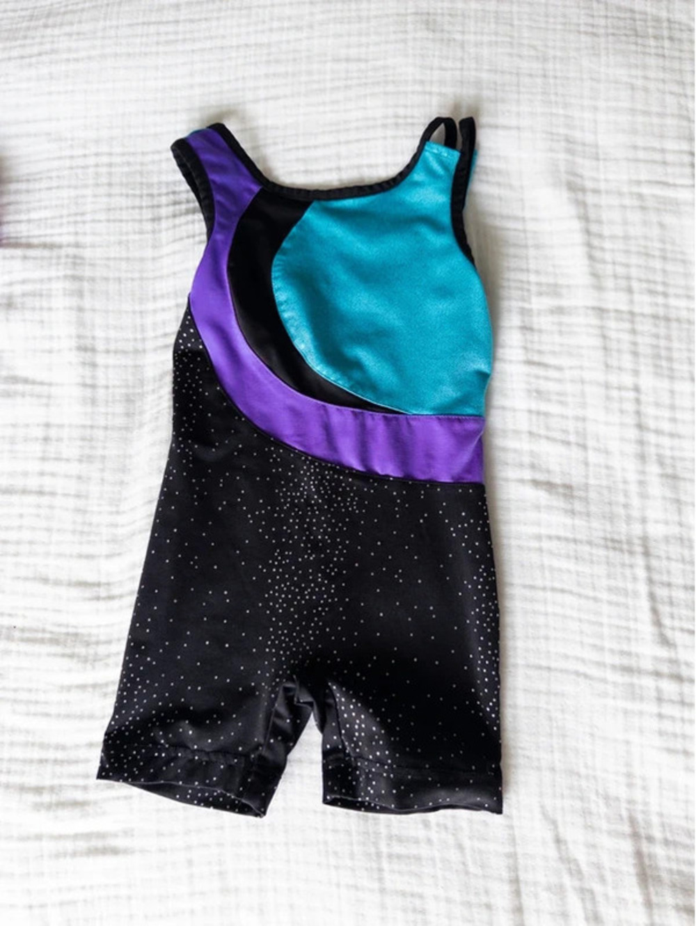 Danskin Now Girls Gymnastics Biketard Black Sparkle Teal Purple Size XS (4/5)